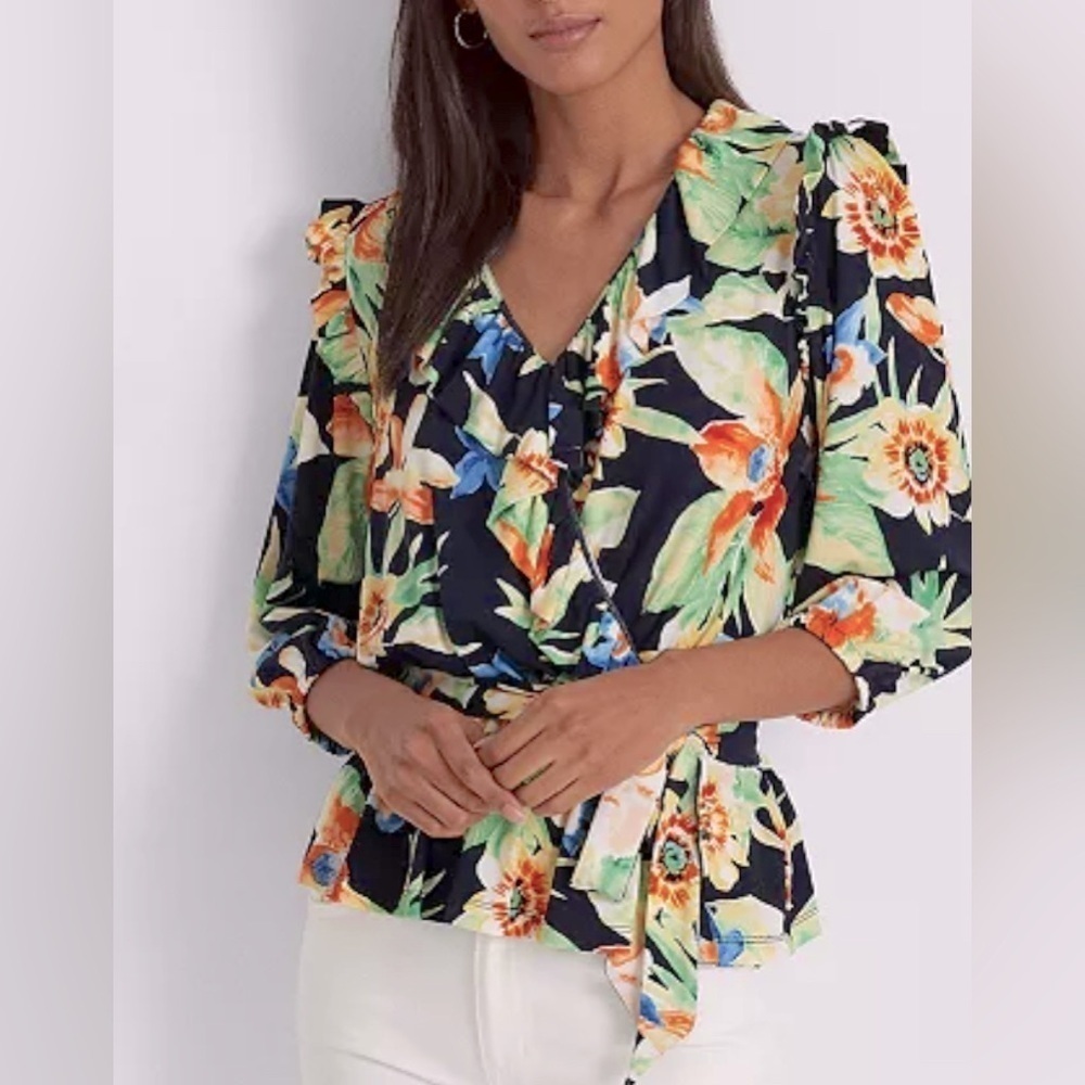 Lauren Ralph Lauren Floral Ruffles Belted Peplum 3/4 Sleeve Top NWT Size M - Picture 3 of 15